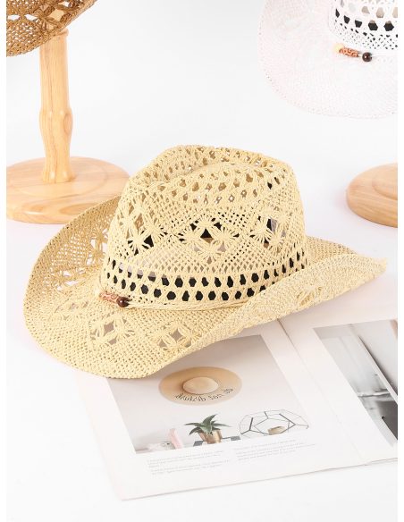 Sombrero de paja estilo cowboy calado con cuentas