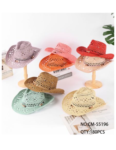 Chapéu de palha vazado com miçangas, estilo cowboy.