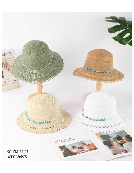 Sombrero de rafia calado con cordón de cuentas turquesa