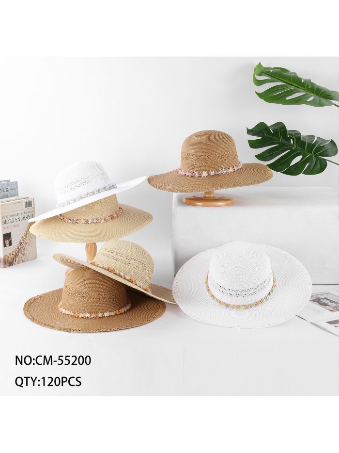 Cappello in rafia a tesa larga con fascia multicolore