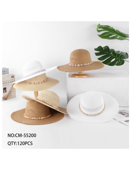 Cappello in rafia a tesa larga con fascia multicolore