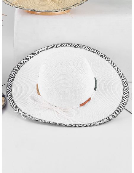 Sombrero de rafia de ala ancha con ribete étnico y cordón multicolor
