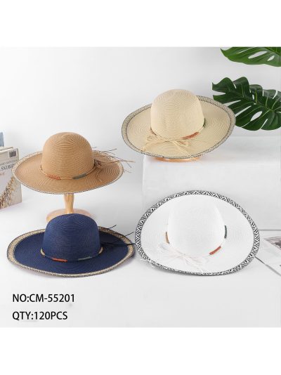 Sombrero de rafia de ala ancha con ribete étnico y cordón multicolor 2