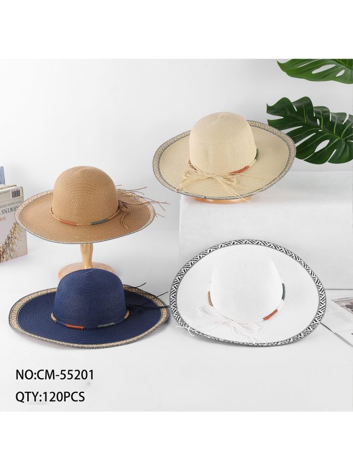 Sombrero de rafia de ala ancha con ribete étnico y cordón multicolor