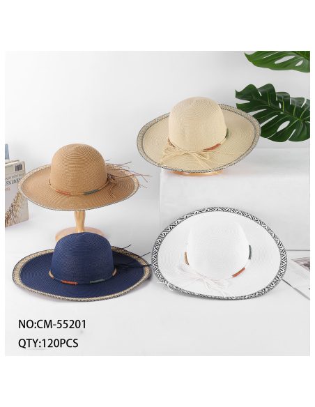 Sombrero de rafia de ala ancha con ribete étnico y cordón multicolor