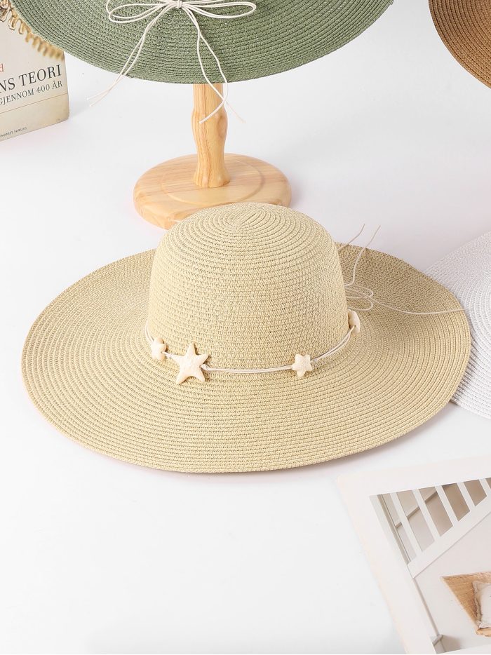 Sombrero de rafia de ala ancha con cordón y estrellas de mar