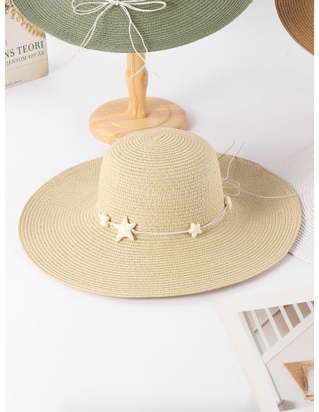 Sombrero de rafia de ala ancha con cordón y estrellas de mar