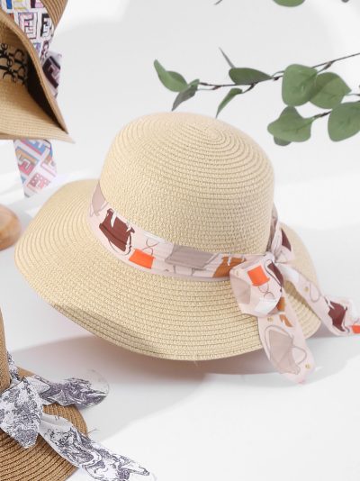 Sombrero de rafia ala ancha con pañuelo lazo