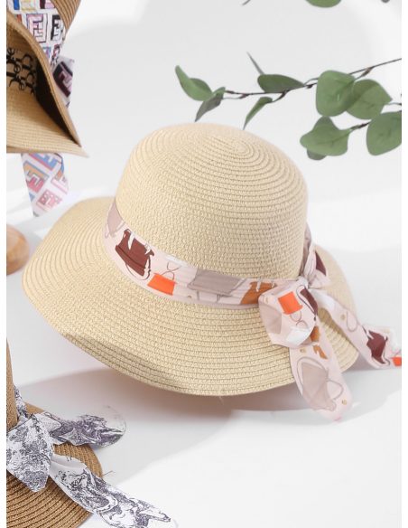 Sombrero de rafia ala ancha con pañuelo lazo