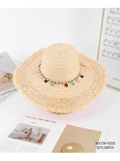 Sombrero de paja calado con cadena de charms multicolor 2