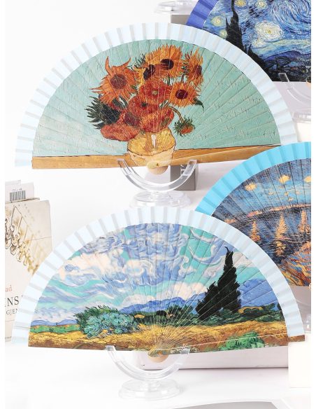 Leque de madeira com estampa artística
