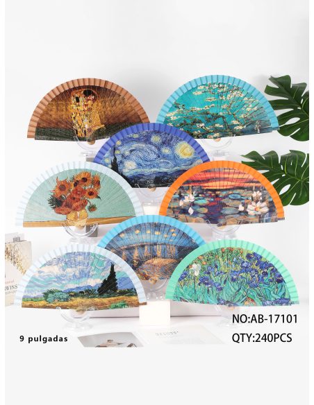 Leque de madeira com estampa artística