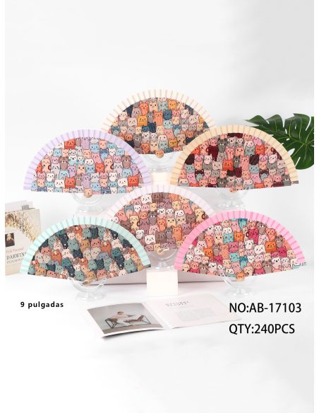 Abanico de madera estampado gatos