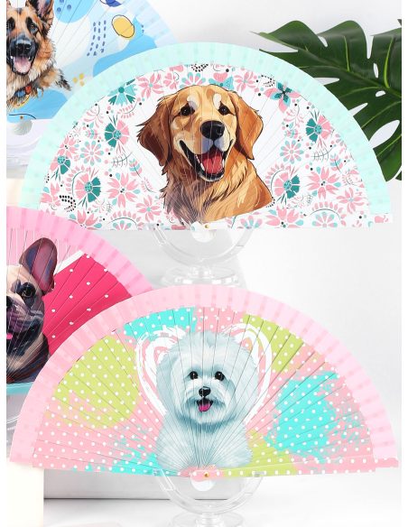 Abanico de madera estampado perros