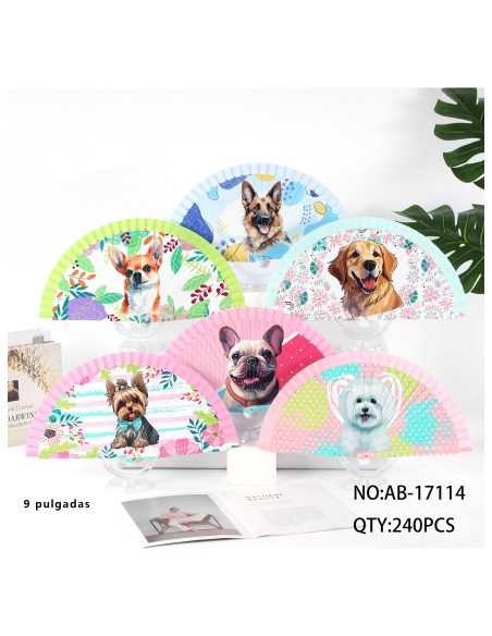 Abanico de madera estampado perros