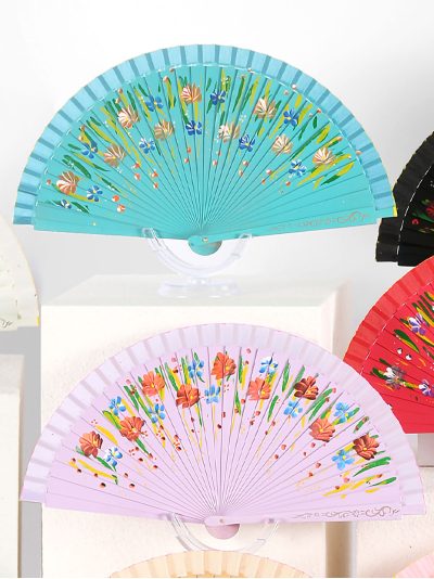 Abanico de madera estampado flores multicolor
