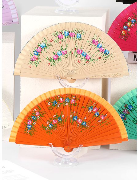 Leque de madeira com estampa de flores silvestres