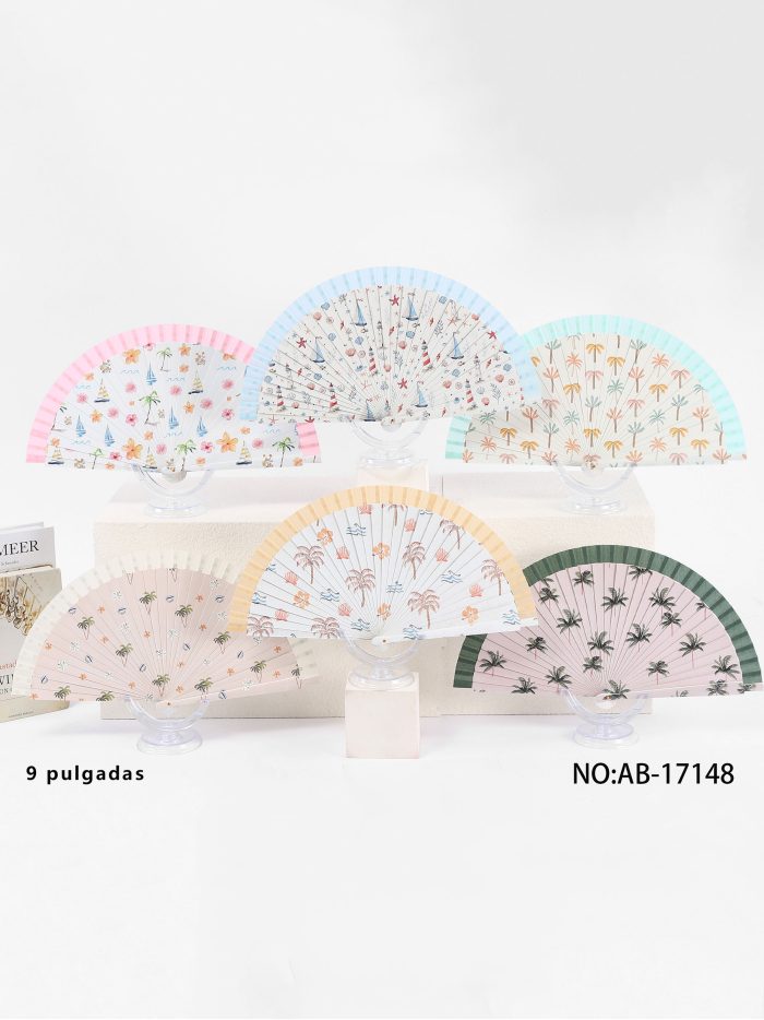 Abanico de madera estampado tropical de palmeras