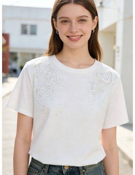 Blumen-T-Shirt mit Strassstickerei