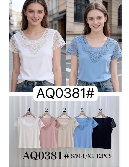 T-shirt à encolure et manches en dentelle