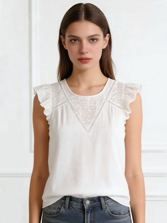 Blusa bordada sem mangas com babado