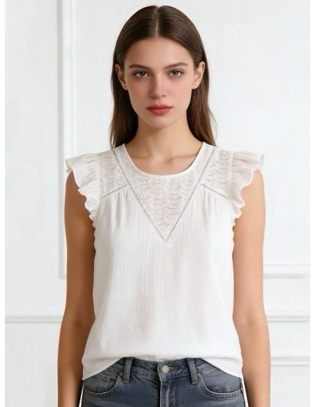 Blusa bordada sem mangas com babado