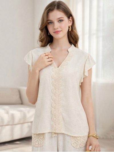 Blusa lino encaje y manga volante