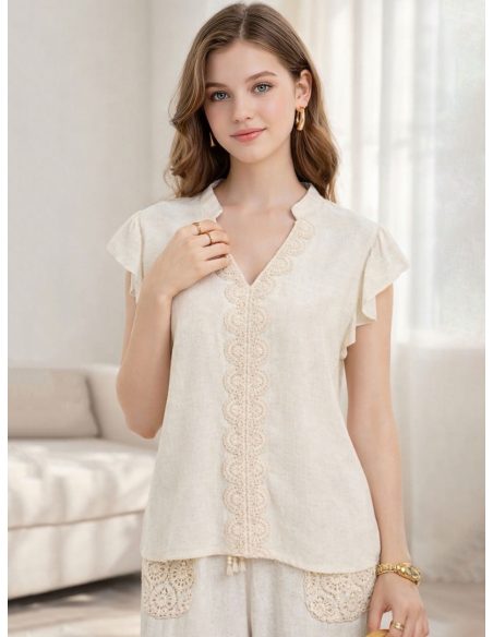 Blusa lino encaje y manga volante