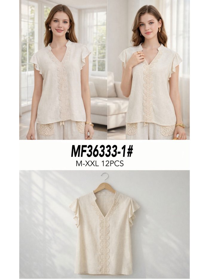 Blusa lino encaje y manga volante