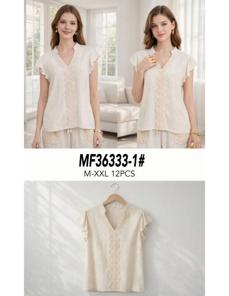 Blusa lino encaje y manga volante