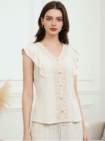 Blusa lino volante y panel encaje