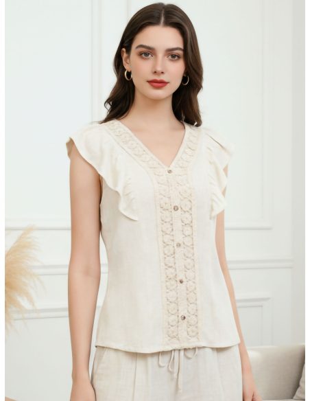 Camicetta in lino con volant e pannello in pizzo
