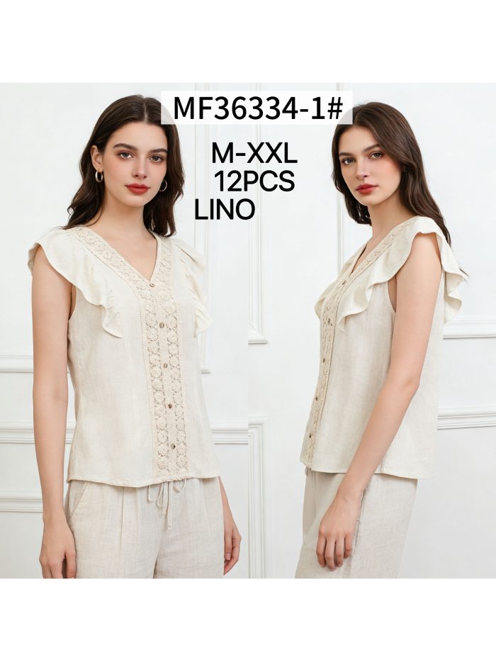 Camicetta in lino con volant e pannello in pizzo