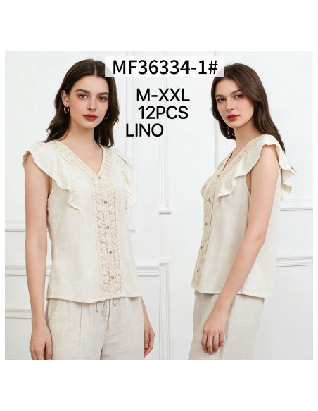 Camicetta in lino con volant e pannello in pizzo