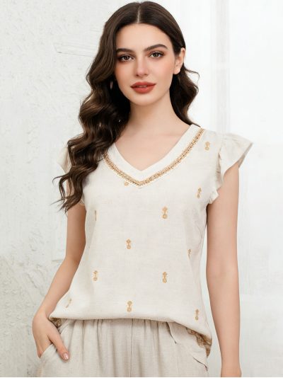 Blusa de linho com decote em V bordado