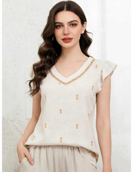 Blusa de linho com decote em V bordado