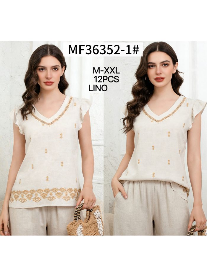 Blusa de linho com decote em V bordado