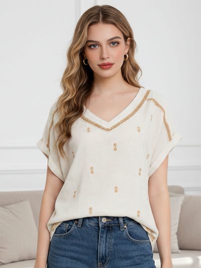 Blusa lino con bordado escote pico