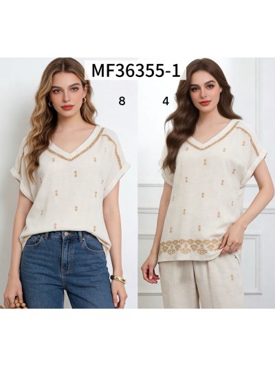 Blusa lino con bordado escote pico 2