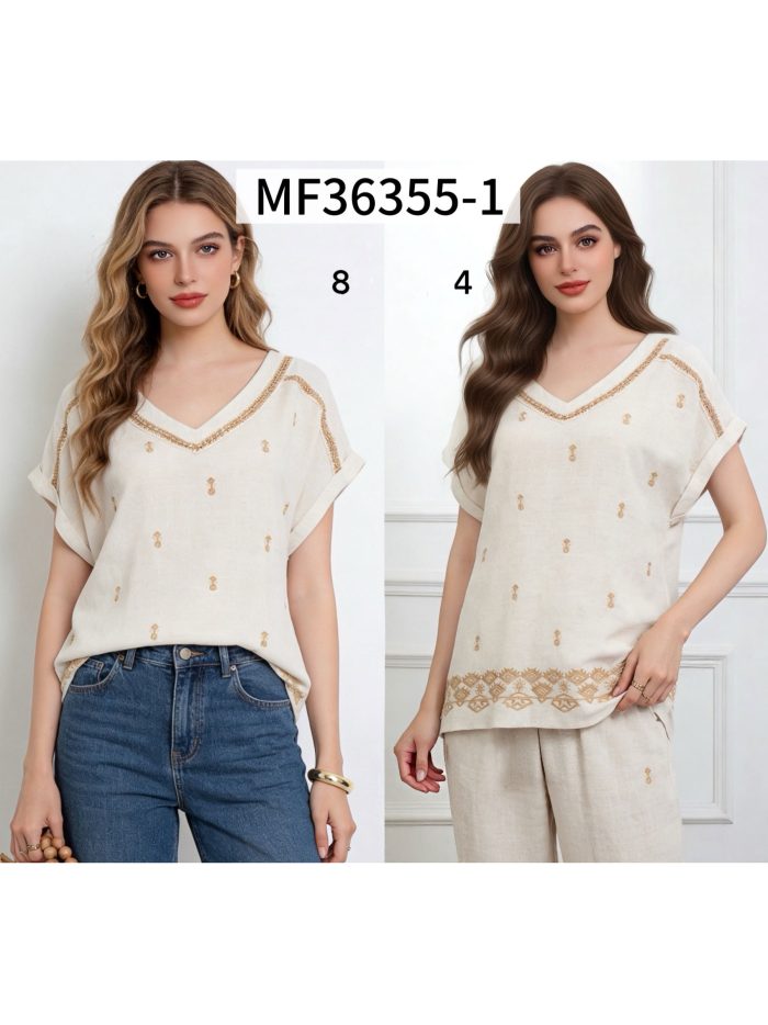 Leinenbluse mit besticktem V-Ausschnitt