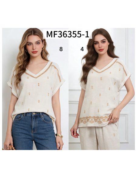 Leinenbluse mit besticktem V-Ausschnitt