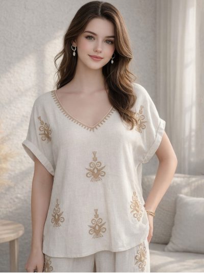 Blusa lino bordado y escote pico