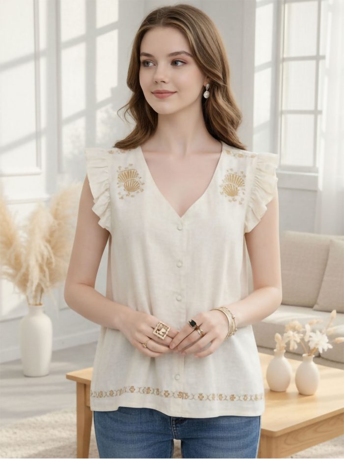 Blusa lino botones y bordado conchas