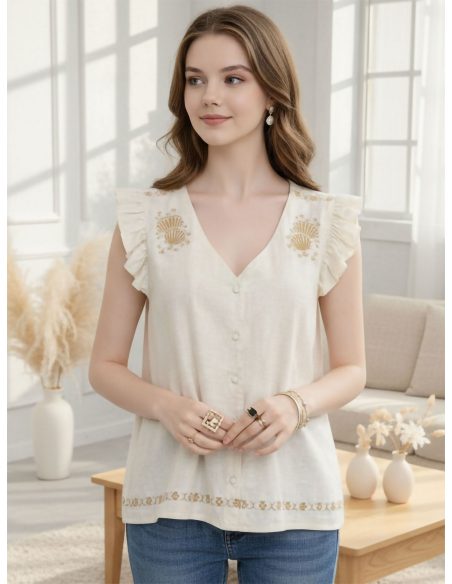 Blusa lino botones y bordado conchas