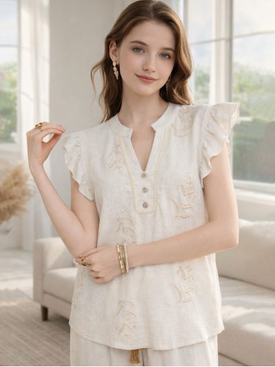 Blusa lino con bordado volante en hombros