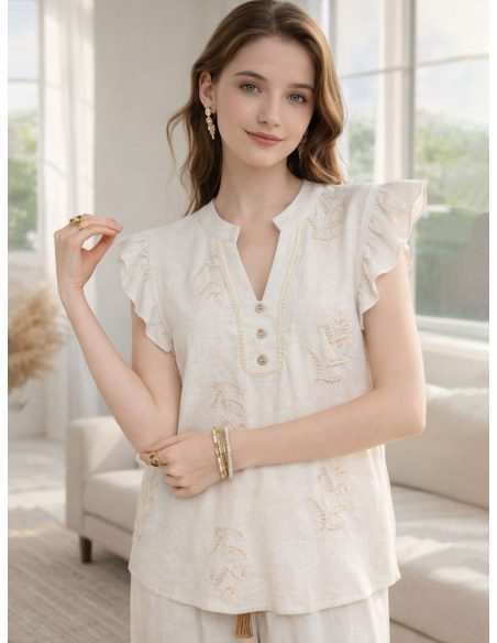 Blusa lino con bordado volante en hombros
