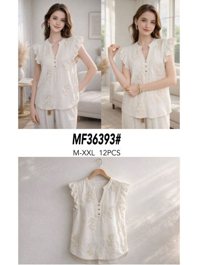 Blusa lino con bordado volante en hombros 2