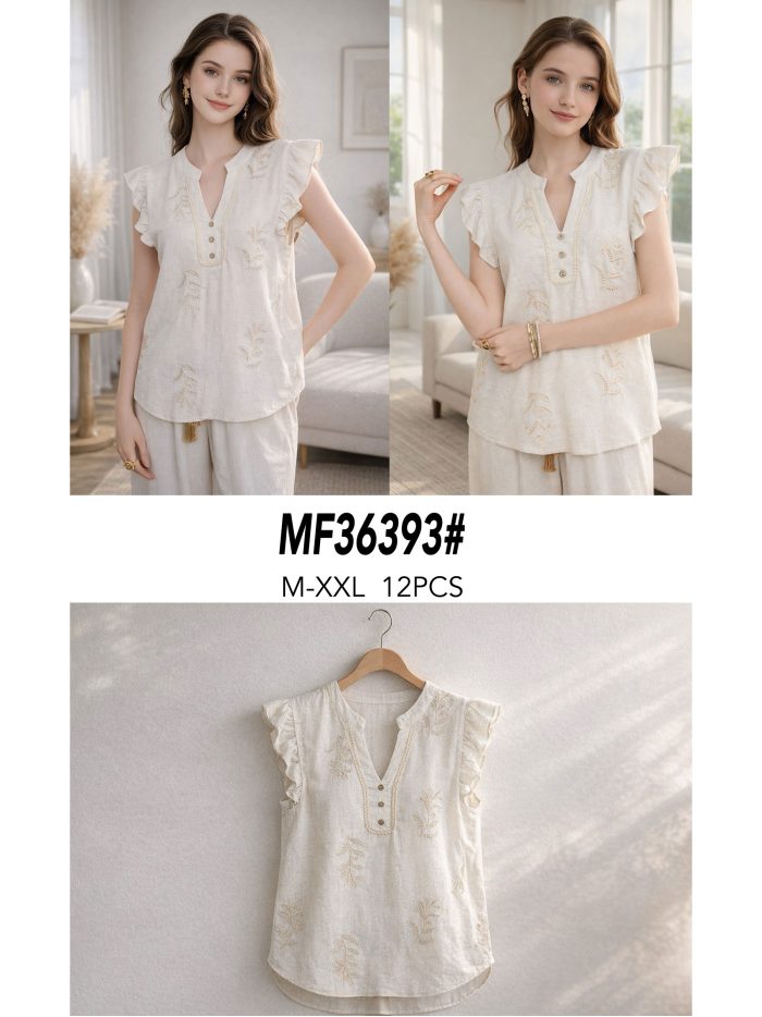 Blusa lino con bordado volante en hombros