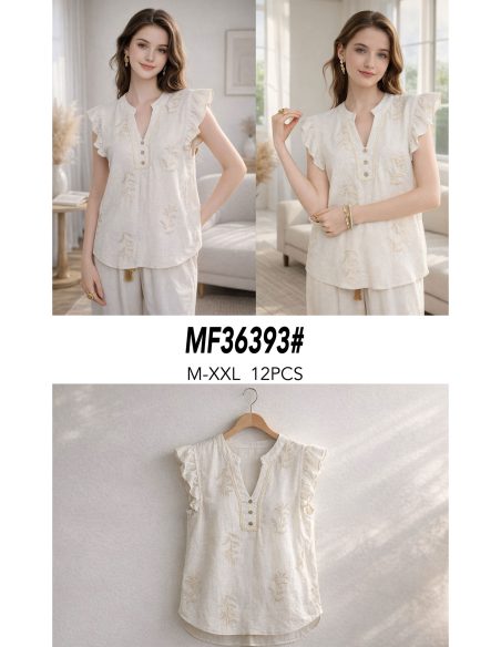 Blusa lino con bordado volante en hombros