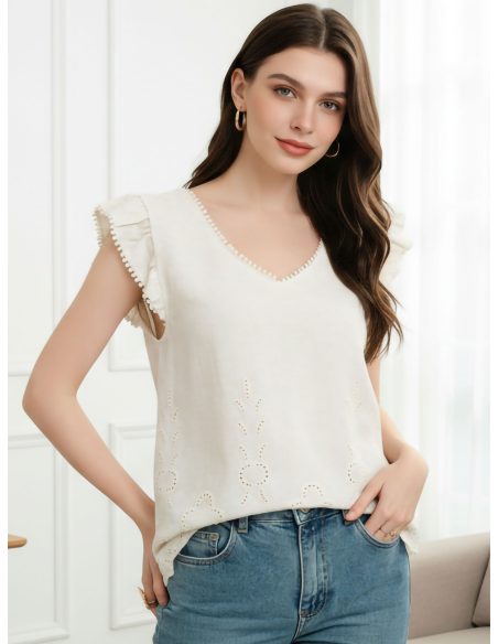 Top lino calado escote pico y volante